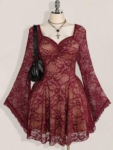 SHEIN ICON Plus Size Square Neck Ruched Lace Flare Sleeve Contrast Color Dress, Y2K Party Dress, Halloween Costume, Witch - Burgundy - View 7