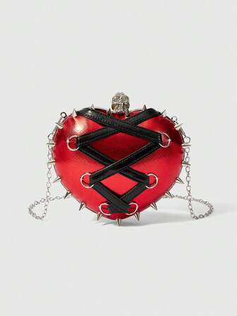 Grunge Punk Punk Heart Shape Skull Crossbody Bag With Lace-Up & Spikes, Y2K Gothic Statement Chain Purse For Party & Streetwear