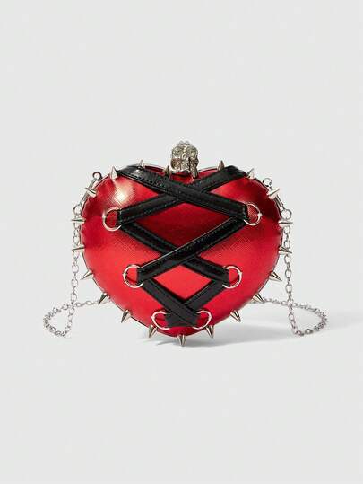 Grunge Punk Sac bandoulière gothique en forme de cœur punk avec crâne, lacets et piques. Sac à main chaîne gothique Y2K pour soirée et streetwear