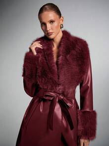 SHEIN BAE 女士时尚街头 PU 皮革拼布仿毛领超长外套，秋冬 - 酒紅色 - 查看 4