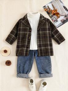 SHEIN Toddler Boys Brown Plaid Lapel Long Sleeve Mid-Length Cardigan Jacket,Classic Autumn Birthday Outfit For Infants,Christmas Family Gathering Coat - Green - View 6
