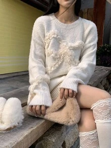 DAZY 女士圆领针织毛衣，3D蝴蝶结装饰，韩版长袖 - 白色 - 查看 5