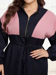 Modelyn 拼色抽绳腰部拉链落肩长款连衣裙女式长款服装 - 彩色 - 查看 7