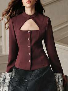 Anewsta Savoree Anewsta 新款春季法式风衬衫外套，复古收腰性感女式衬衫，适合秋季、冬季、新年等场合，优雅、别致、时尚，圣诞节、外出、冬季女装 - 酒紅色 - 查看 3