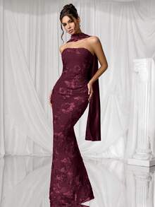 Coutiva Rochie de seară formală texturată, fără bretele, pentru femei - Burgundia - Vizualizare 3