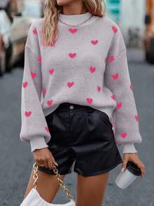 EMERY ROSE Heart Pattern Lantern Sleeve Sweater, Casual Autumn/Winter - Light Grey - View 4