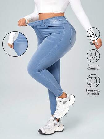 SHEIN CURVE+ Plusstorlek Dam Stickade Denim Casual Sportiga Slimpants