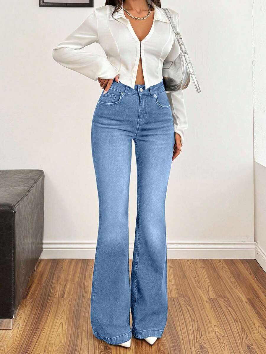 EURMUSE 98%Cotton Blacl Slim Fit Flared Jeans - Baby Blue - View 1