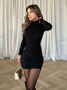 Jemour Đầm đen cổ lọ ôm vừa vặn màu trơn có gân - màu đen - Xem 4