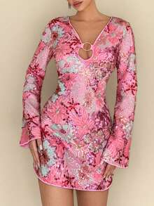 Rafferiza 女士时尚度假休闲亮片长袖迷你连衣裙 - 彩色 - 查看 3