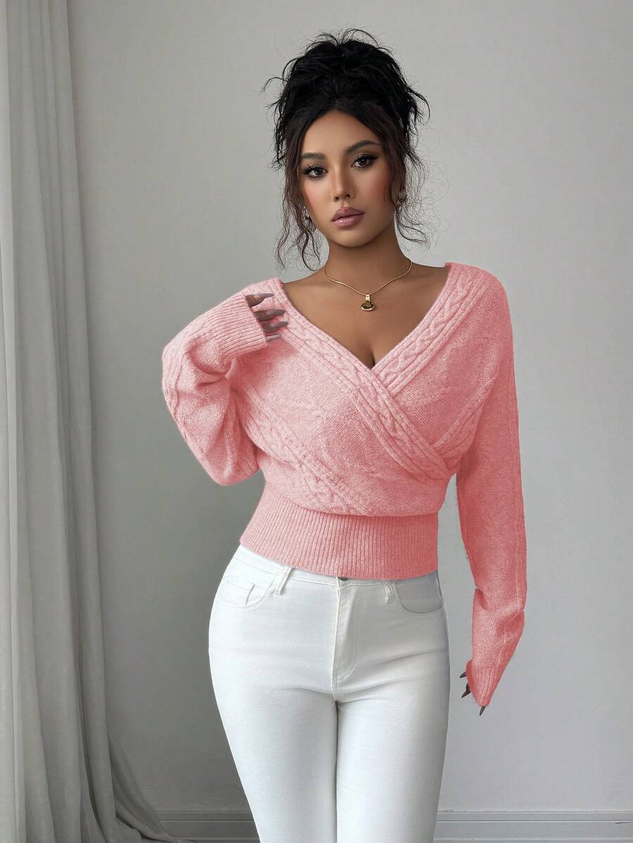 SHEIN Elenzya 女士优雅纯色V领裹身毛衣,秋冬 - 粉色 - 查看 1