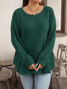 EMERY ROSE Camiseta de manga larga de punto acanalado de unicolor para mujer de talla grande