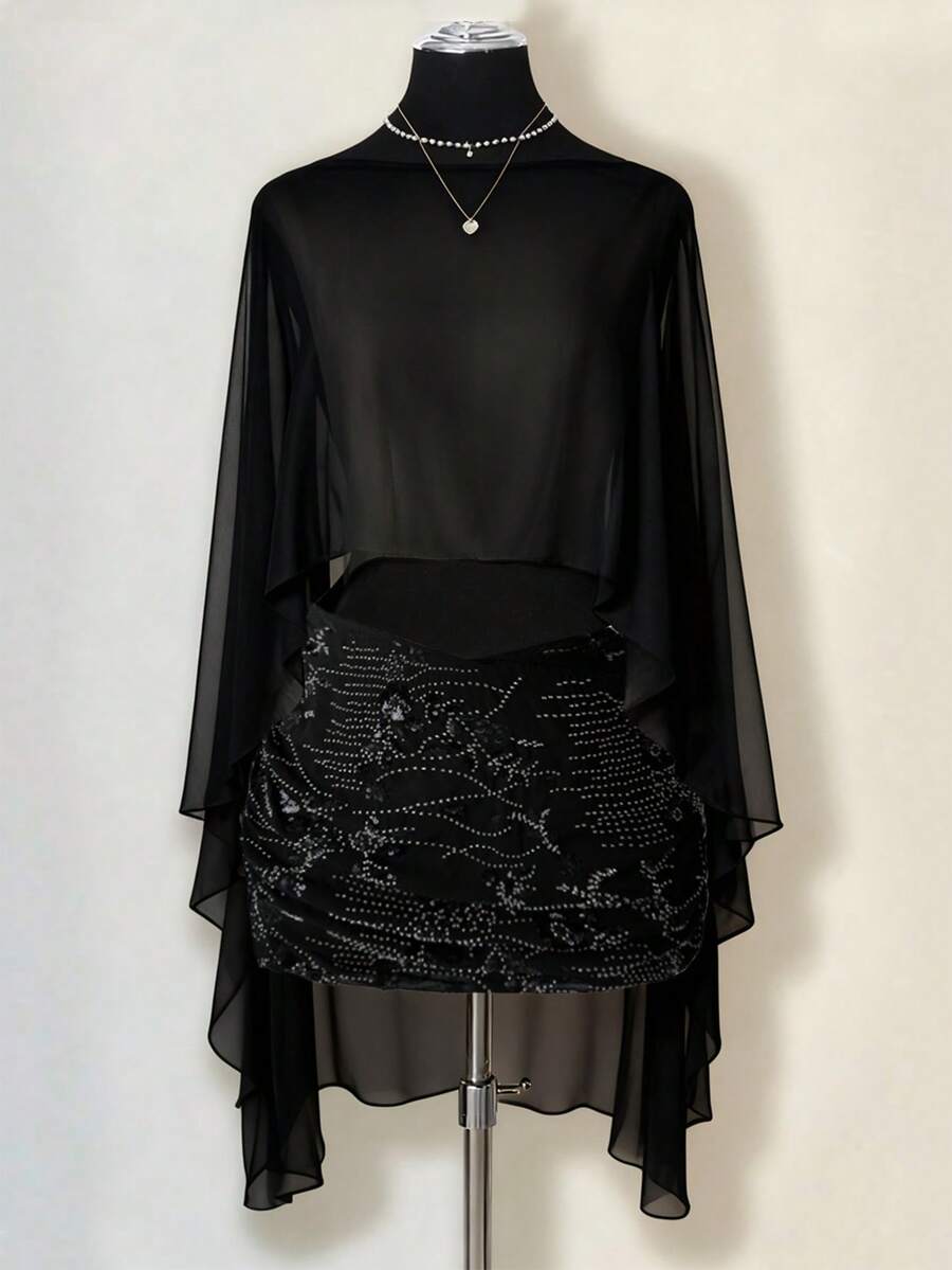 Sunspun Bộ 2 khăn choàng bodycon thêu hạt ngọc trai chất liệu voan cho nữ - màu đen - Xem 1