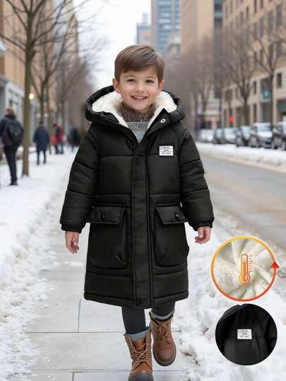 Chaqueta con capucha casual con forro térmico y manga raglán con estampado de letras para niño, invierno