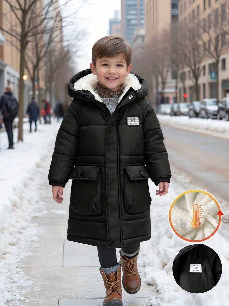 男童字母印花插肩袖保暖连帽休闲外套，冬季保暖款