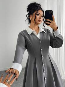 SHEIN Elenzya Plus Size Women's Business Commute X-Shaped Collar Contrast Color Long Sleeve Elegant Elegant Dress - Multicolor - View 7