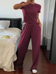Livesso Minimalist Solid Color Wavy Trim Decor Fitted Top And Pants Homewear Set - Burgundy - View 5