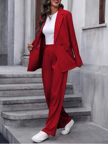 EMERY ROSE 女士时尚纯色翻领双排扣西装套装 红色女士西装 红色西装外套 女士西装裤装 女士红色套装 - 紅色 - 查看 5