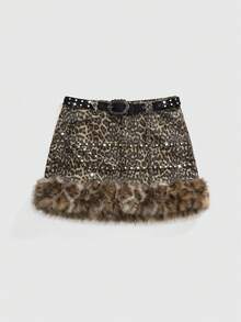 ROMWE Grunge Punk Plus Size Grunge-Punk Leopard Print Denim Faux Fur Leopard Print Sexy Party Club Music Festival Denim Mini Skirt, Autumn/Winter Plus Size Avant-Garde Sexy Women Plus Size Denim Skirt - Multicolor - View 1