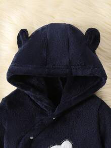 1件婴儿/幼儿男童可爱卡通熊印花连帽长袖连体睡衣，柔软舒适，适合秋冬季穿着 - 藏蓝色 - 查看 5