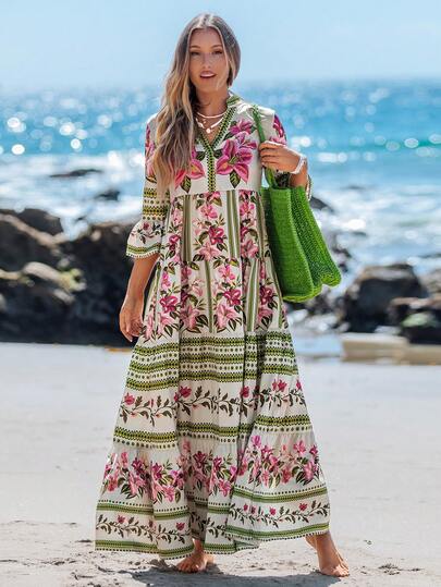 Sylviya ชุดเดรสแขนยาวคอวีลายดอกไม้หลากสีสำหรับผู้หญิง, เหมาะสำหรับฤดูใบไม้ผลิ/ฤดูร้อน, ชุดเดรสลายเสือดาว, ชุดเดรสกันแดดสำหรับผู้หญิง, ชุดเดรสโบฮีเมียนสำหรับวันหยุดฤดูใบไม้ร่วง, วันหยุดพักผ่อน