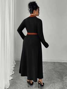 Elenzga Plus Size Women Ribbed Fabric Solid Color Contrast Collar Long Sleeve Decorative Button Fake Pocket Bowknot Casual Commute Outdoor Leisure Elegant Versatile Autumn/Winter Dress - Multicolor - View 2