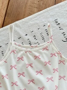 SHEIN Tween Girls Minimalist Bow Print Camisole & Short Sleeve Casual Pajama Set, 2pcs, Summer