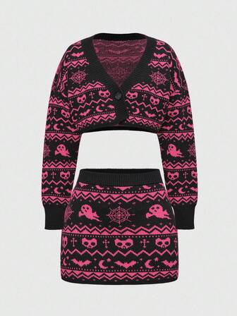 Ensemble 2 pièces en tricot jacquard gothique vintage sombre avec crâne et fantôme : cardigan court + mini-jupe, Halloween
