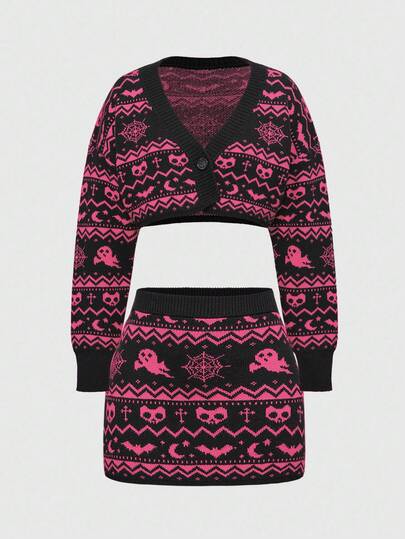 Goth Conjunto de 2 piezas de punto jacquard con calavera y fantasma en estilo gótico oscuro vintage: Cárdigan corto + Minifalda, Halloween