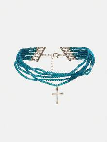 Y2Kool 1pc 5-Layer Cross Necklace With Glass Crystal Suitable For Daily Wear, Unisex - Red - View 1