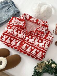 SHEIN Unity 1pc Women's Cute Christmas Tree & Deer Intarsia Knit Loose Zip-Up Cardigan Jacket, Suitable For Party, Home, Casual Wear, Autumn/Winter, Christmas, New Year - Red and White - View 1