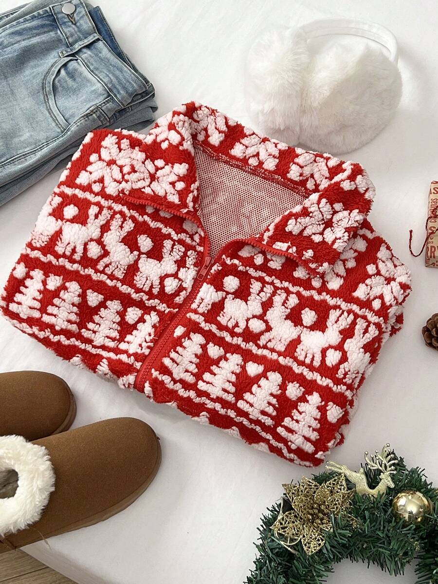 SHEIN Unity 1pc Women's Cute Christmas Tree & Deer Intarsia Knit Loose Zip-Up Cardigan Jacket, Suitable For Party, Home, Casual Wear, Autumn/Winter, Christmas, New Year - Red and White - View 1