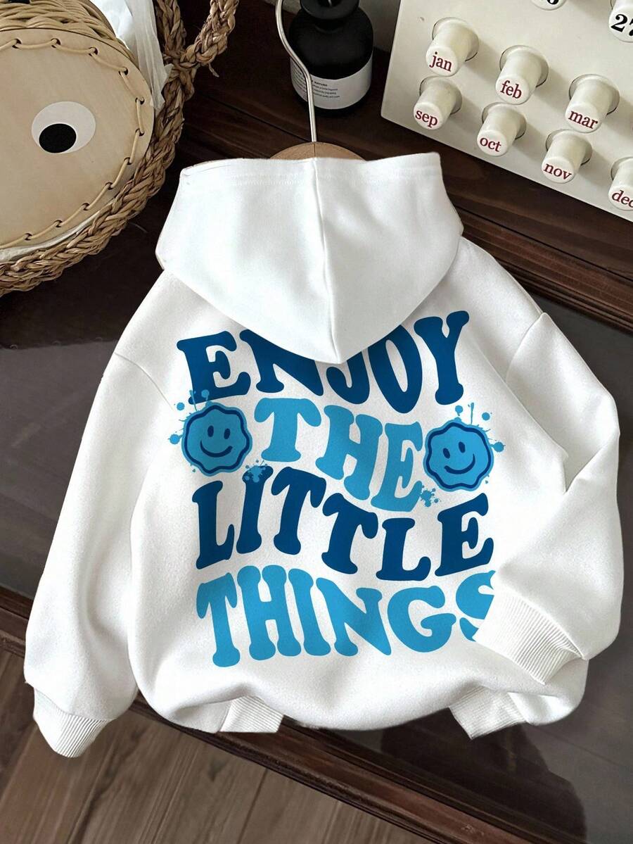 SHEIN ModeFlare Wear Baby Boy Casual Minimalist Smile Pattern Knit Soft Hooded Pullover Sweatshirt, Thick Design Suitable For Autumn