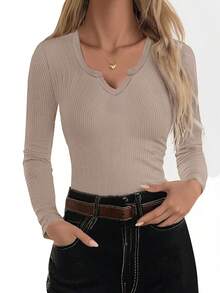 EMERY ROSE Women's Solid Color V-Neck Long Sleeve Ribbed Casual T-Shirt - Khaki - View 1