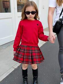 SHEIN 小女孩衣服纯红色圆领刺绣运动衫搭配格子百褶裙青少年女孩 2 件套，红色格子裙套装，圣诞裙套装 - 紅色 - 查看 11