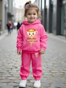 舒适秋冬风格幼儿女孩休闲时尚创意个性化清新可爱芭蕾舞女孩图形字母印花连帽衫和运动裤套装，舒适服装 - 玫紅色 - 查看 1