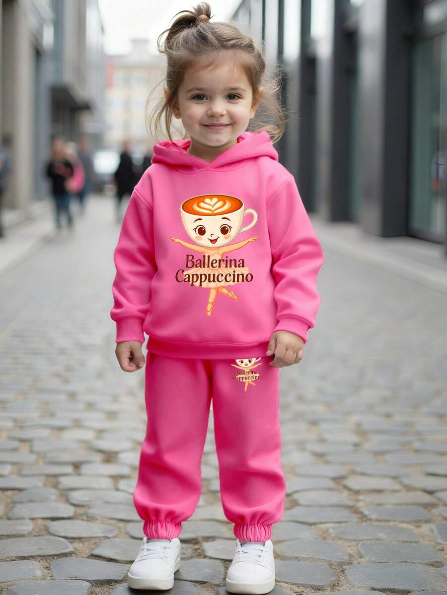 舒适秋冬风格幼儿女孩休闲时尚创意个性化清新可爱芭蕾舞女孩图形字母印花连帽衫和运动裤套装，舒适服装 - 玫紅色 - 查看 1