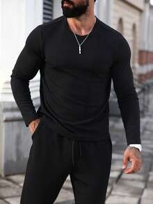 Manfinity Homme Men's Snake Skin Striped Comfortable Fabric Long Sleeve T-Shirt And Drawstring Pants Set, Casual For Vacation, Home, Dining, Party, Versatile, Best Gift For Boyfriend Or Husband, Fall Clothes