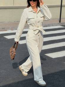 Rivivi Women's Casual Everyday Commute Fashion Street Flap Pocket Belted Loose Denim Jumpsuit - Apricot - View 6