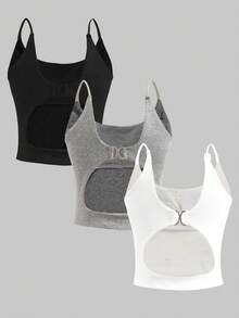 SHEIN 3件套青少年女童休闲舒适亲肤吊带背心文胸套装 - 彩色 - 查看 3