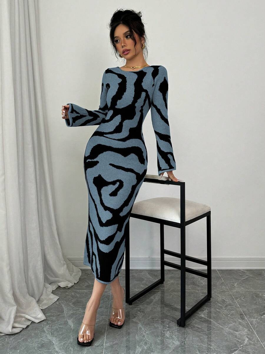 Elenzga Women's Contrast Color Pattern Flare Sleeve Knit Dress - Dusty Blue - View 1