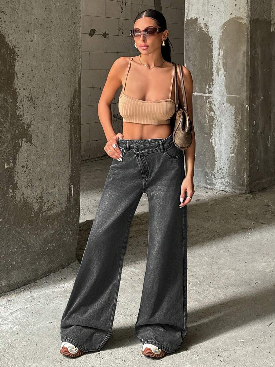 EURMUSE RueChic VINTAGE WASH HIGH WAIST WIDE LEG CUT ASYMMETRIC BELT DETAIL - Dark Grey - View 1