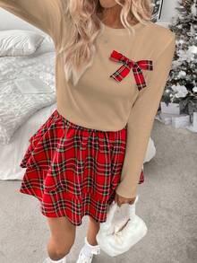Chiquease 2pcs/Set Fitted Red Plaid Bow Accent Outfit, Suitable For Christmas, Autumn/Winter - Khaki - View 3