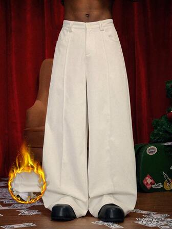 PAVTROS Manfinity Streetrush Men's Street-Style Popular INS Matching Solid Color Seam Front Casual Loose Wide Leg Pants Cream Pants Baggy Pants Men Pants,Stacked,Baggy Pants,Formal Pants,White Pants,Streetwear,Warm Winter, Christmas