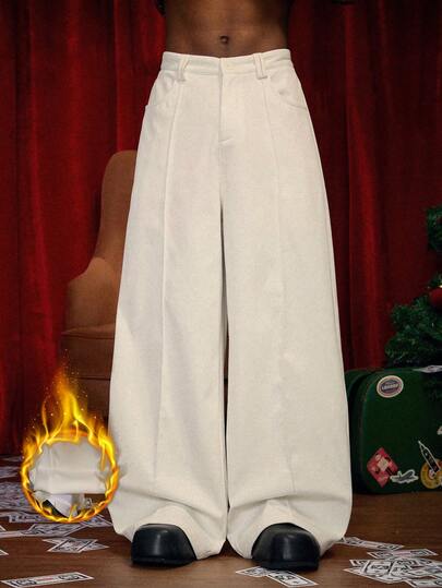 PAVTROS Manfinity Streetrush Men's Street-Style Popular INS Matching Solid Color Seam Front Casual Loose Wide Leg Pants Cream Pants Baggy Pants Men Pants,Stacked,Baggy Pants,Formal Pants,White Pants,Streetwear,Warm Winter, Christmas