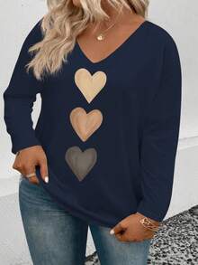 EMERY ROSE Women's V-Neck Gradient Heart Print Casual Long Sleeve T-Shirt, Versatile, Autumn/Winter New Arrival - Navy Blue - View 3