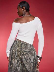 Normani Sexy Open Shoulder Women's Sweater,Long Sleeve Tops Knit Pullover Fall Winter Outfit - White - View 2
