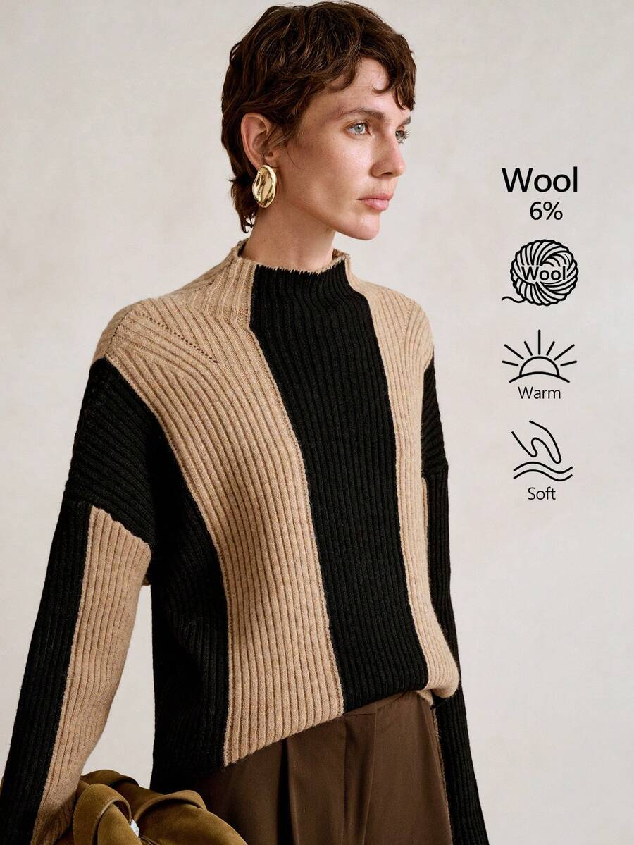 SHEIN Stylify 休闲优雅通勤条纹羊毛混纺高领长袖针织套头衫,秋冬 - 彩色 - 查看 1