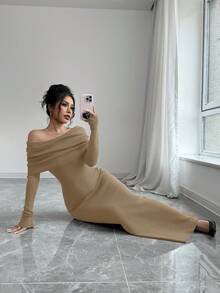 Selianne 情人节露肩修身抹胸鱼尾长款毛衣裙 - 駝色 - 查看 8