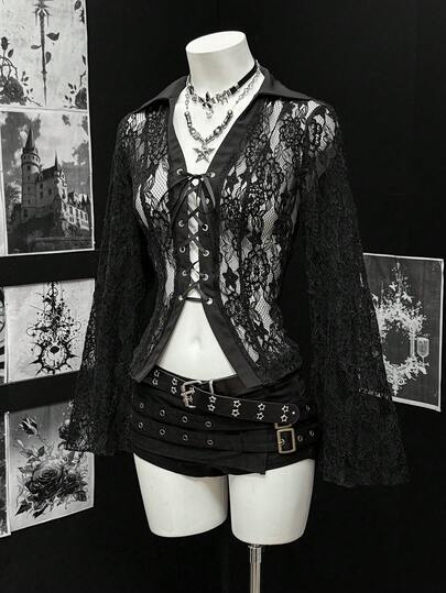 EgrlEra 女士时尚棕色提花蕾丝喇叭袖系带上衣，适合约会和派对穿着